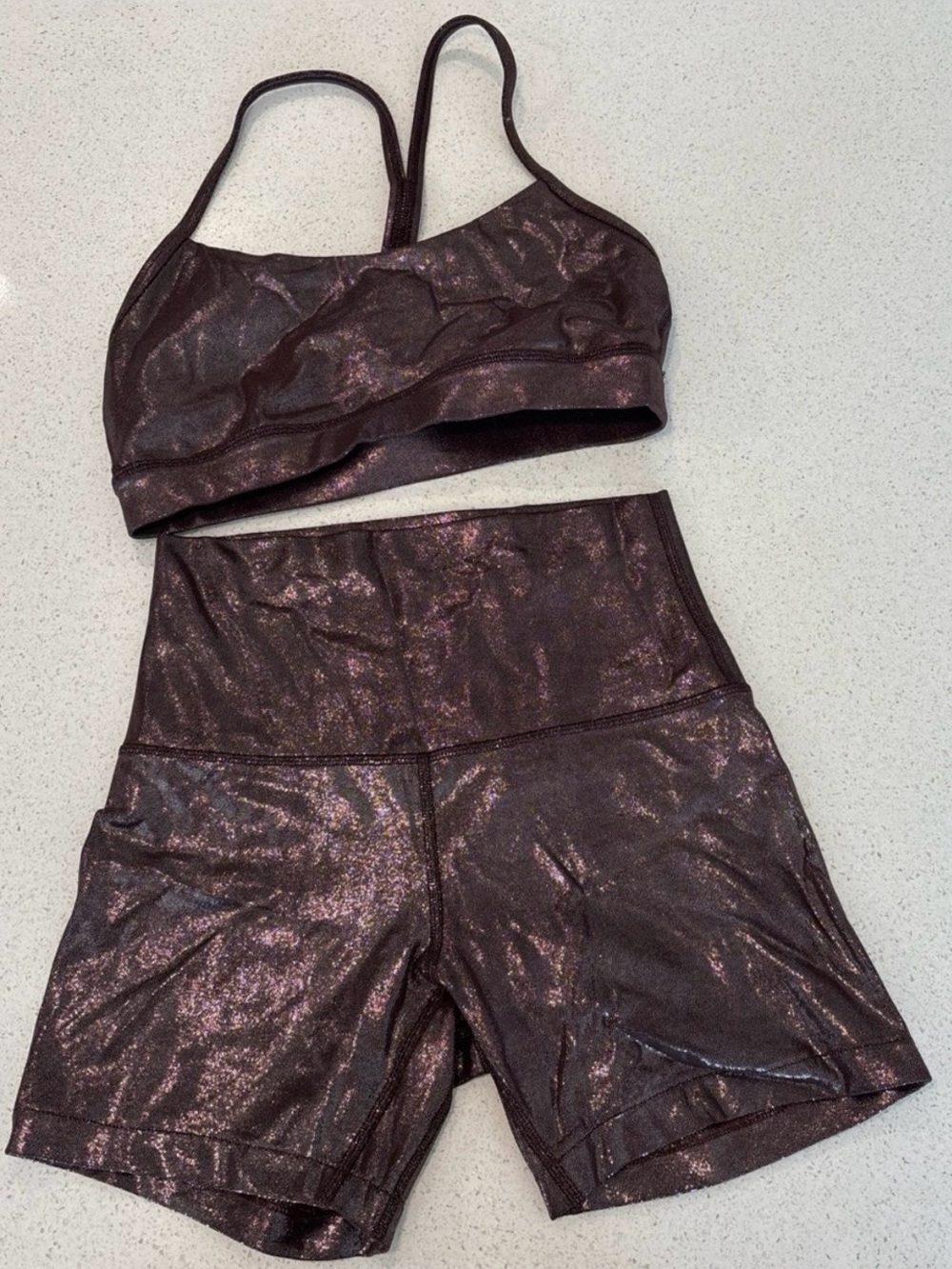 Rare ALO Yoga Metallic Brown Shimmer Sports Bra & High-Waist Shorts Set
